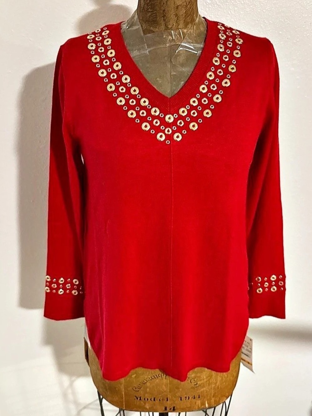 NWT Rudy Ra Studded V-Neck Blouse in Red Size Small NWT